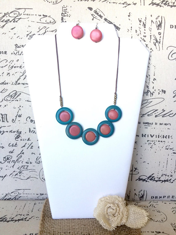 Blue and Pink Tagua Nut Necklace