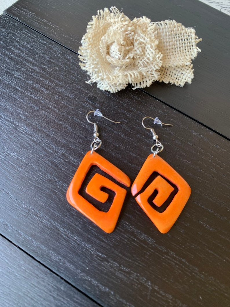 Orange unusual tagua earrings