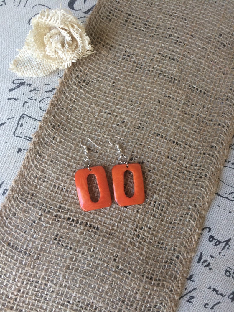Orange Geometric Tagua Nut Earrings