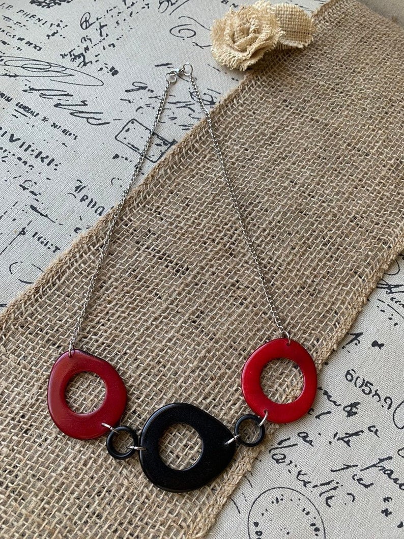 Red and Black Tagua Necklace with Silver Chain