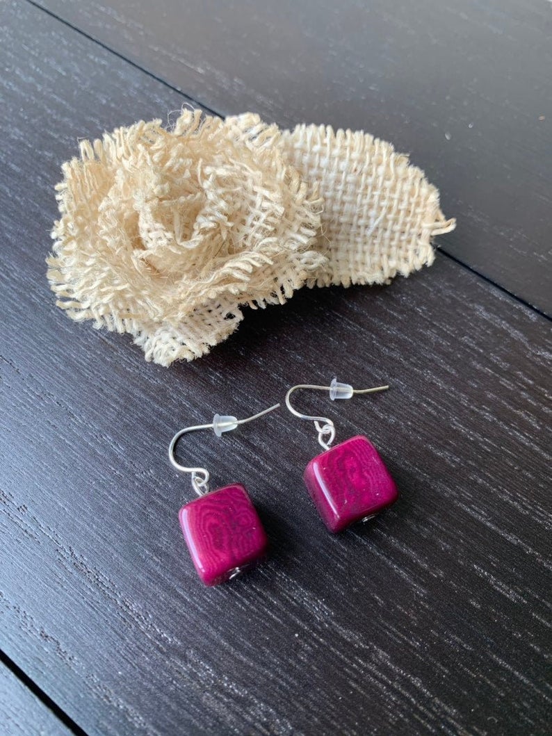 Purple Cube Tagua Nut Earrings