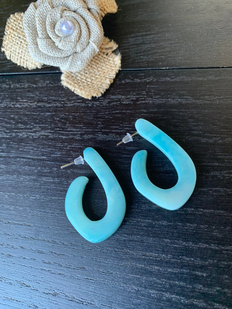Aqua Blue Tagua Nut Hoop Earrings