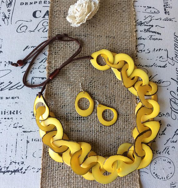 Yellow statement necklace and earrings set Tagua nut Big bold chunky Interlocking necklace Summer jewelry Leather anniversary gift for wife