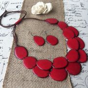 RED STATEMENT LAYERED NECKLACE AND EARRINGS SET