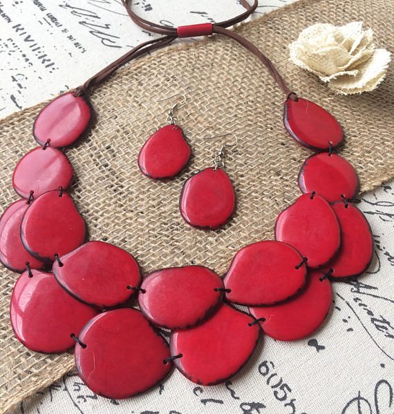 RED STATEMENT LAYERED NECKLACE AND EARRINGS SET