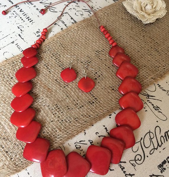 Organic Tagua Red Stick Necklace Set and Earrings 