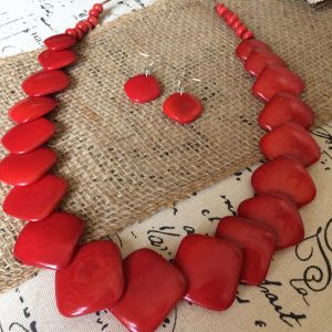 RED ECO FRIENDLY NECKLACE AND DANGLE EARRINGS SET