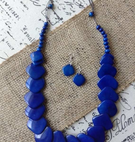 Tagua Nut Royal Blue Statement Necklace and Earrings Set - Galapagos ...