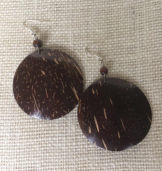 BROWN COCONUT SHELL DANGLE AND DROP EARRINGS