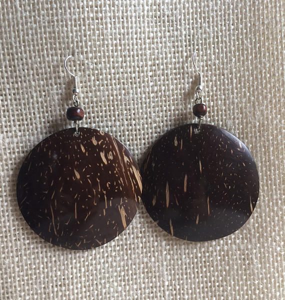 BROWN COCONUT SHELL DANGLE AND DROP EARRINGS