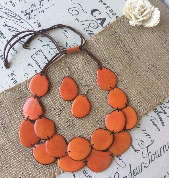 ORANGE STATEMENT LAYERED NECKLACE AND EARRINGS SET