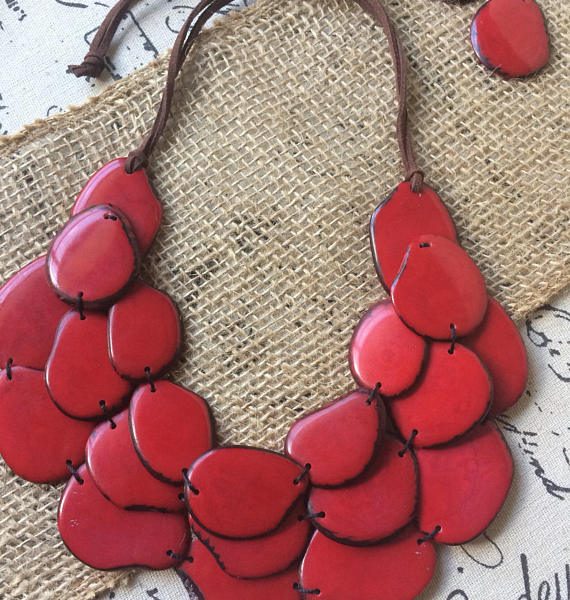 Red Layered tagua necklace set