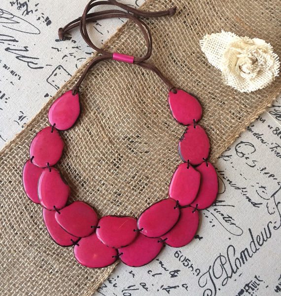 Hot Pink Beaded Tagua Nut Necklace