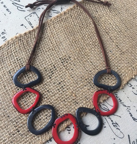 Gray and Red Tagua Necklace with Leather Straps