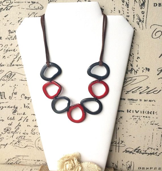 Gray and red tagua nut necklace