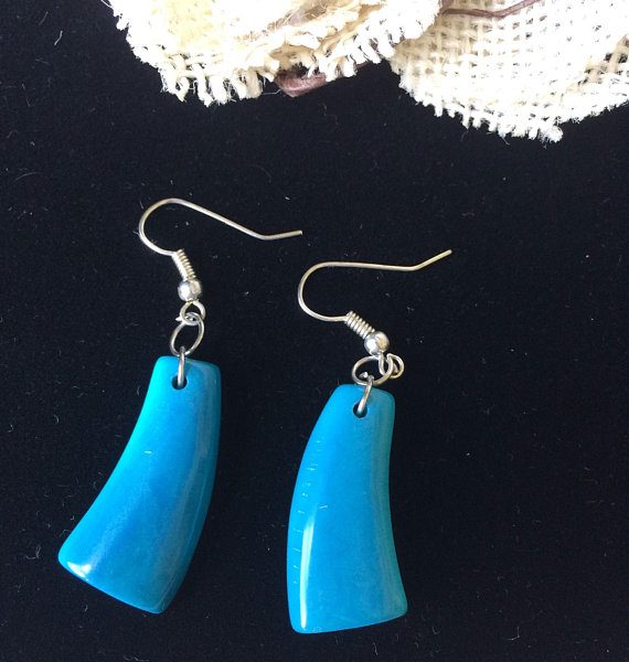 Turquoise Dangle Tagua Nut Earrings