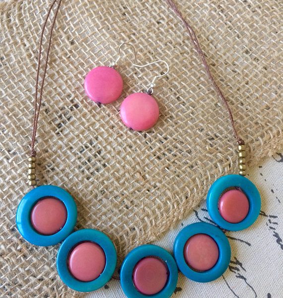 Blue and Pink Tagua Nut Necklace