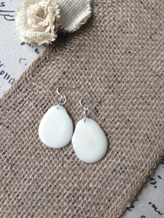 White beaded tagua nut earrings