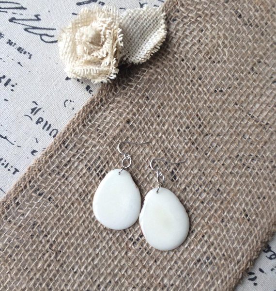 White beaded tagua nut earrings