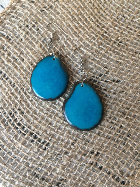 BLUE TURQUOISE Drop Dangle Earrings Tagua Nut Organic hand crafted 