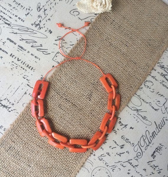 Orange Tagua Nut Chunky Chain Link Necklace