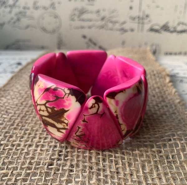 Hot Pink Wide Cuff Bracelet Made of Tagua