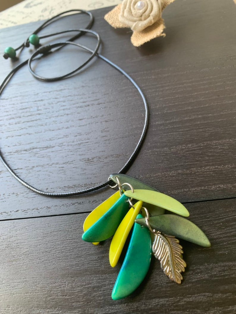 Green Leafs Tagua Pendant Necklace with Silver Accent
