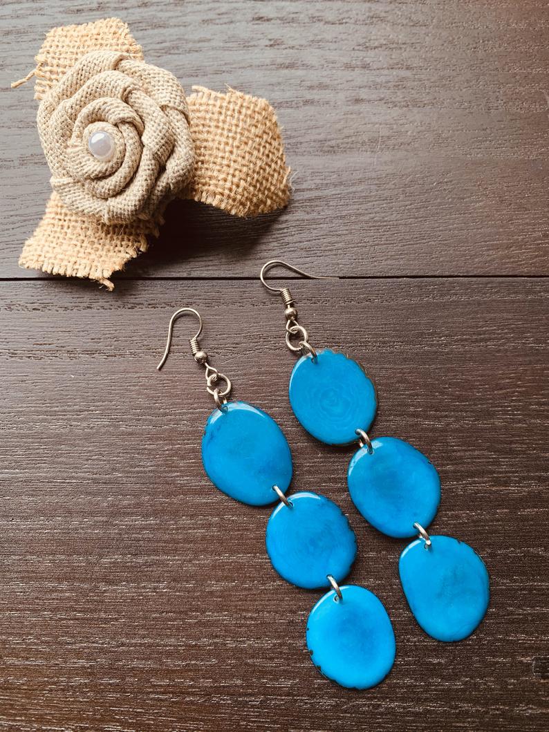 Extra Long Turquoise Tagua Nut Earrings