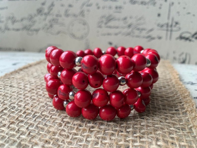 Red Wire Wrap Adjustable Bracelet Made of Seeds