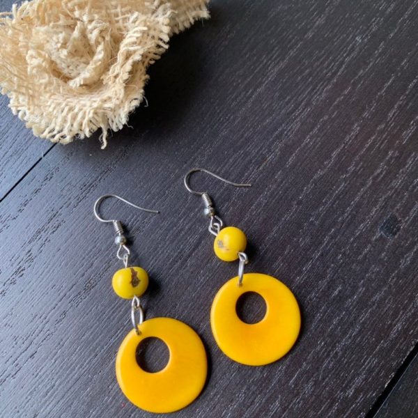 Yellow Hoop Earrings Made of Tagua and Acai Seeds