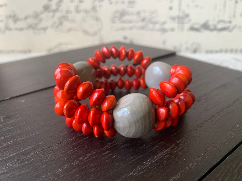 Red Seed Bracelet with Gray Tagua Accents