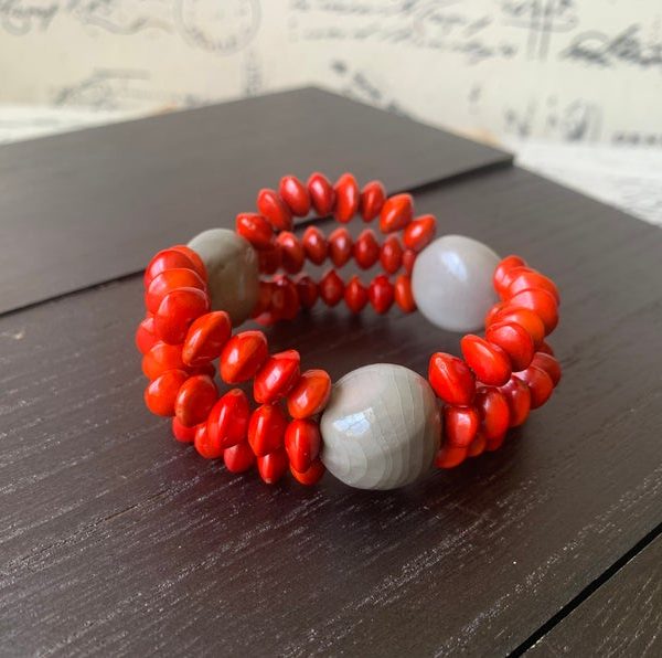 Red Seed Bracelet with Gray Tagua Accents