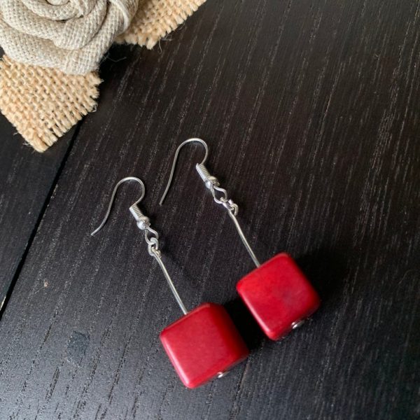 Red Cube Tagua Nut Earrings