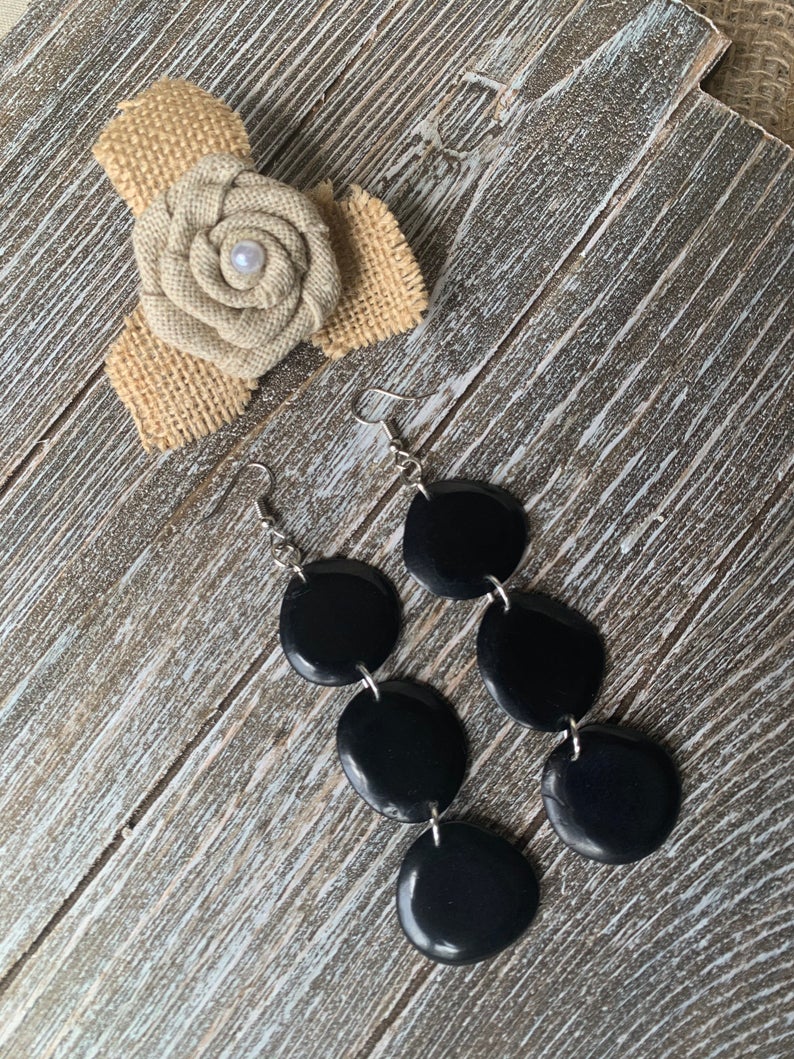 Black Extra Long Tagua Nut Earrings