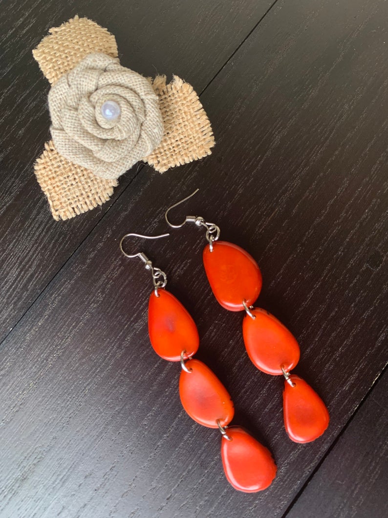 Orange Extra Long Tagua Nut Earrings