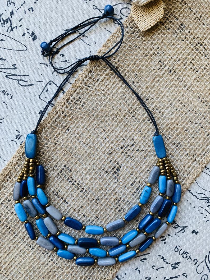 Turquoise Blue 4 Layer Tagua Nut Necklace