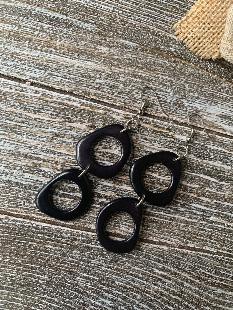 Black Long Dangle Tagua Nut Earrings