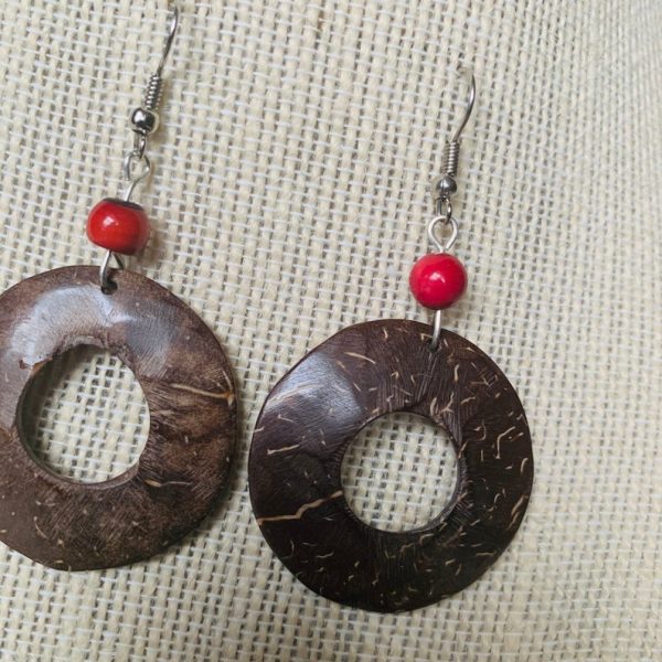 Coconut Shell Dangle Earrings with Red Acai Seeds