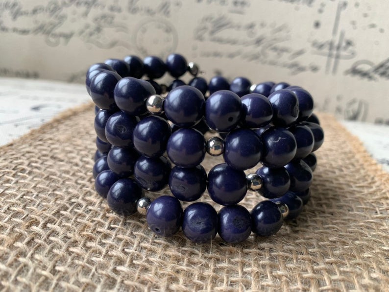 Dark Purple Memory Wire Bracelet made of Acai Beads