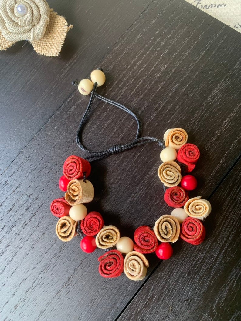 Red and White Handmade Roses Bracelet