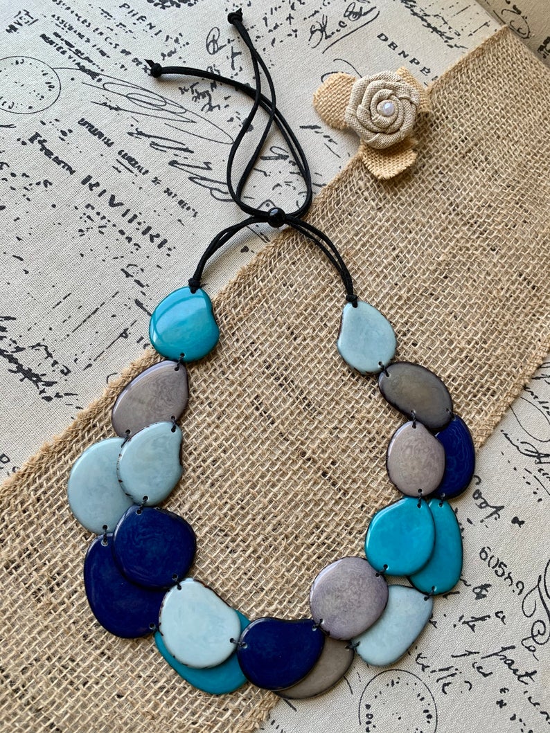 Blues and Gray Adjustable Tagua Nut Necklace