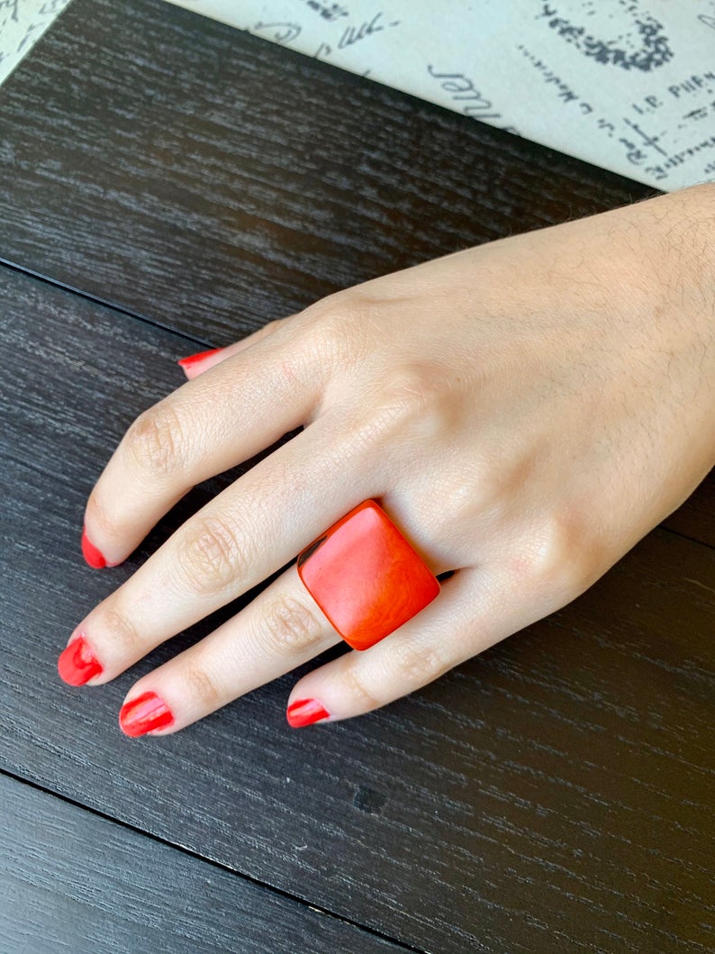 Burnt Orange Tagua Nut Cocktail Ring