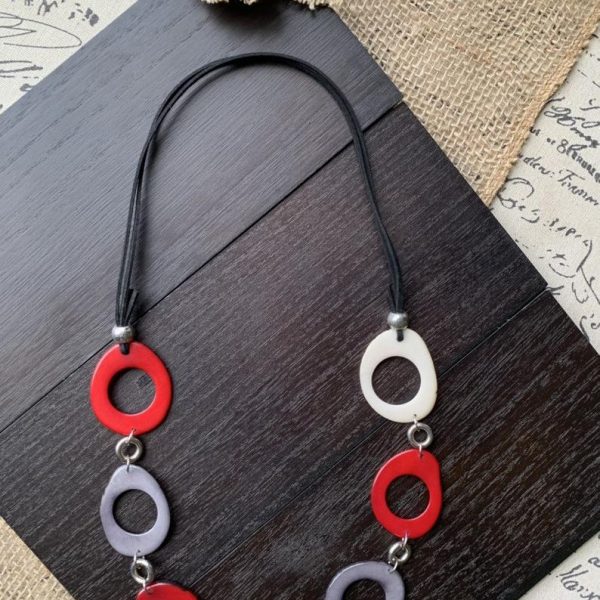 Red White and Gray Donut Beads Tagua Necklace
