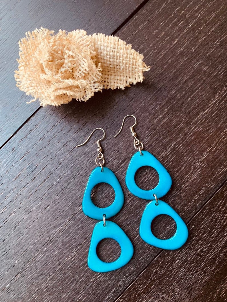 Turquoise Double Bead Tagua Earrings