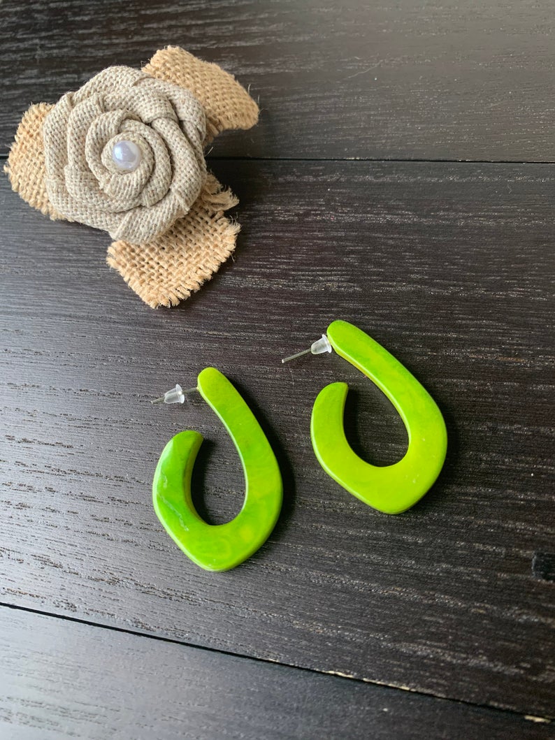 Green Modern Hoop Earrings Made of Tagua