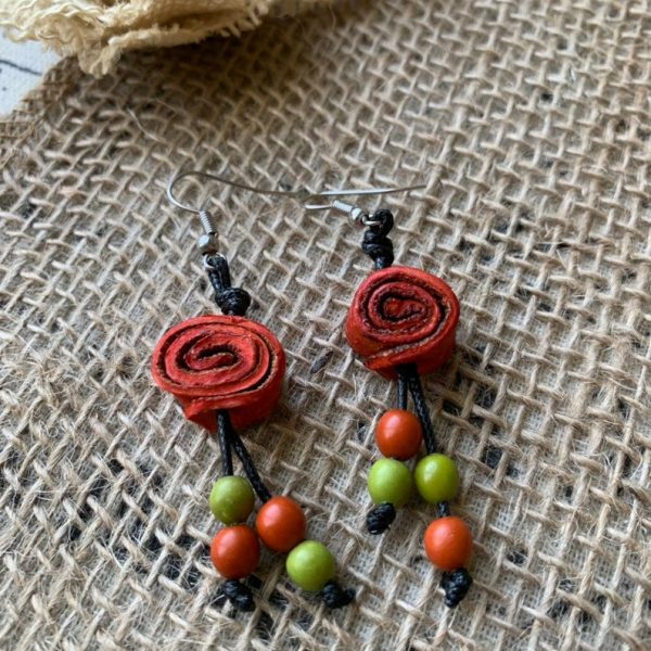 Orange Rose Dangle Earrings with Acai Seeds