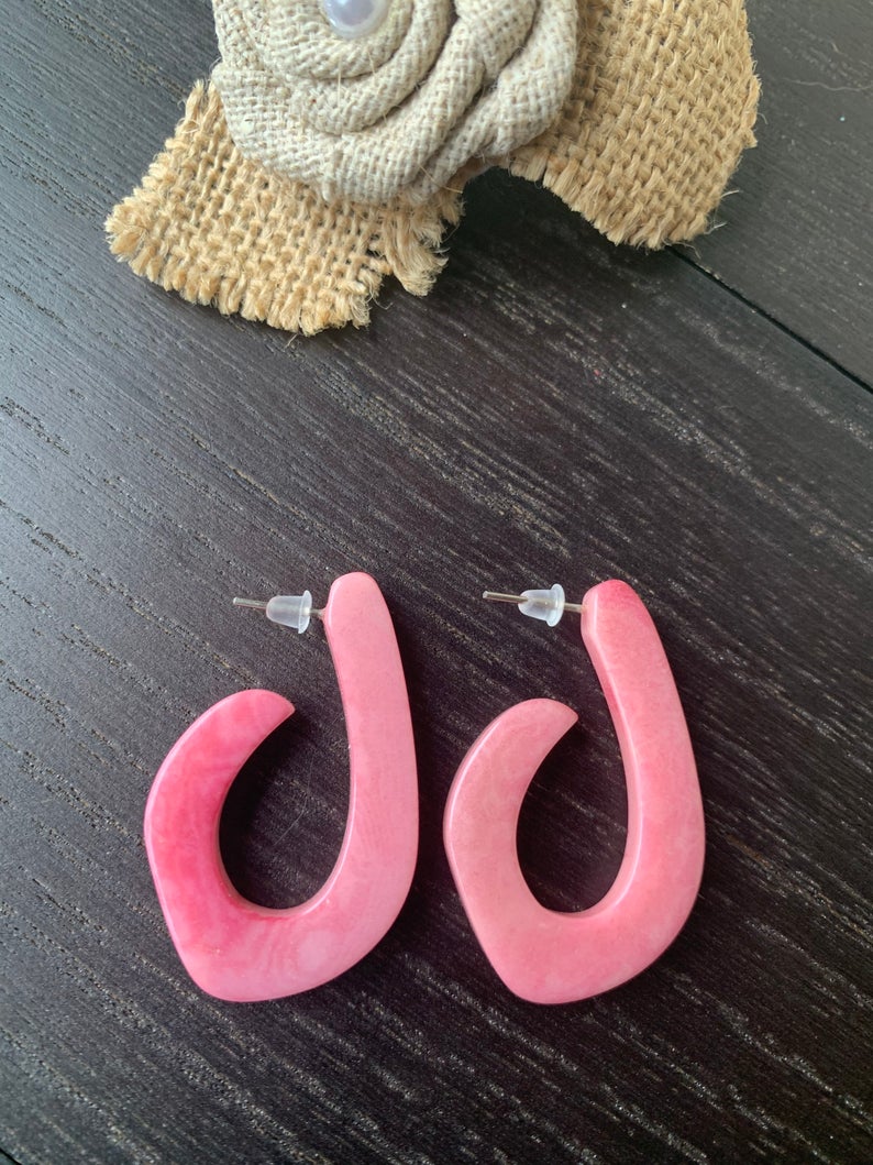 Pink Tagua Nut Hoop Earrings