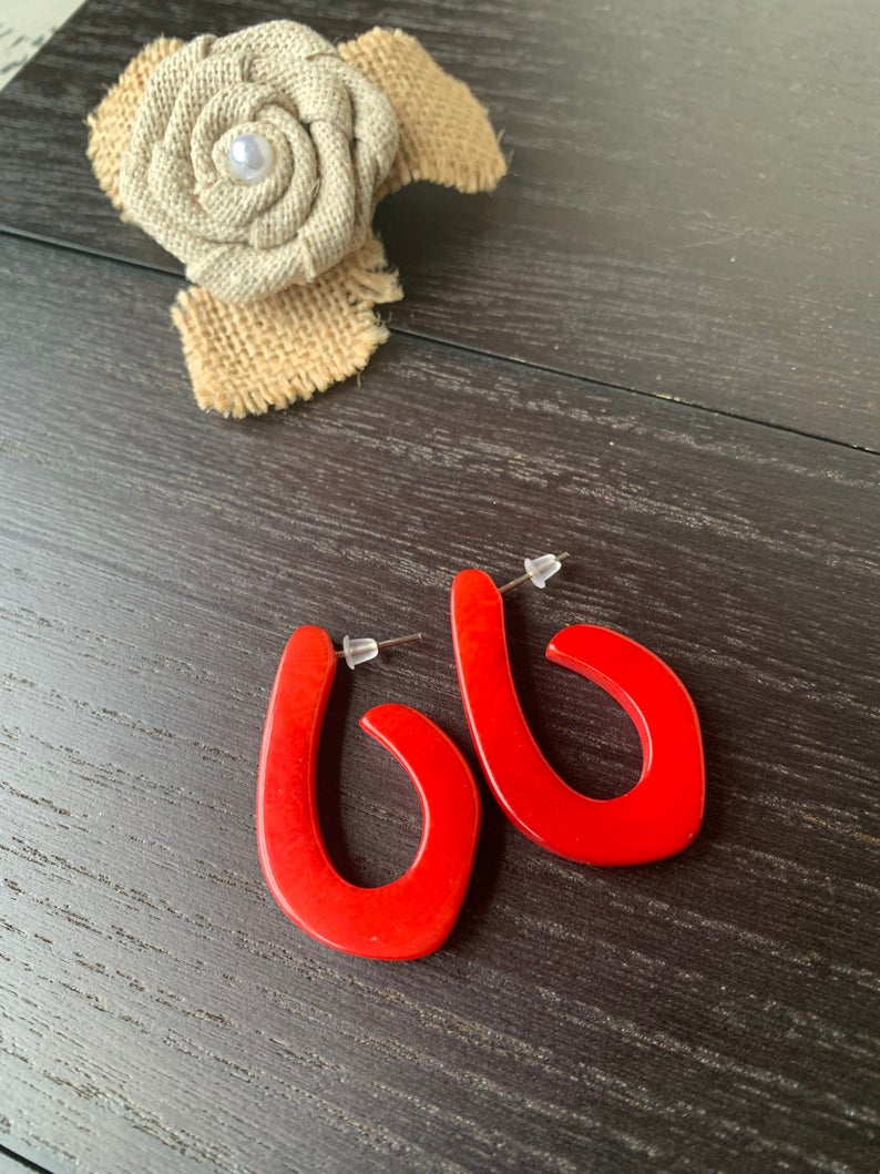 Red Modern Tagua Nut Hoop Earrings