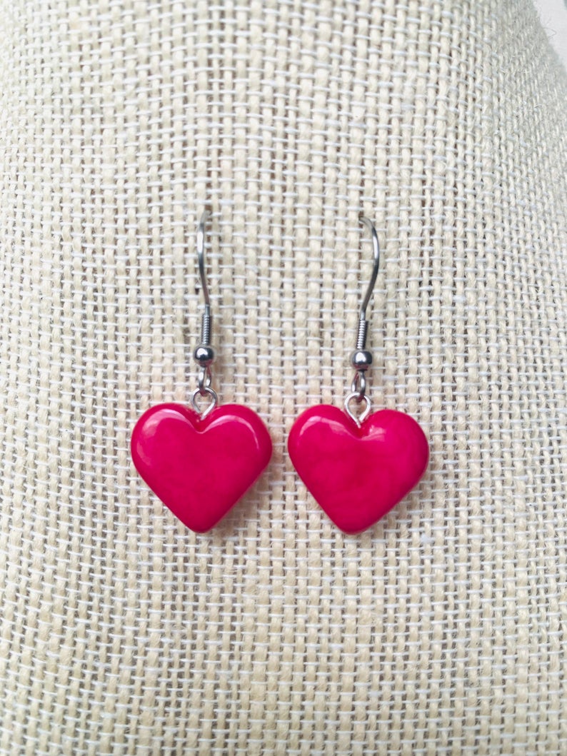 Hot Pink Heart Shaped Dangle Tagua Earrings - Galapagos Tagua Jewelry