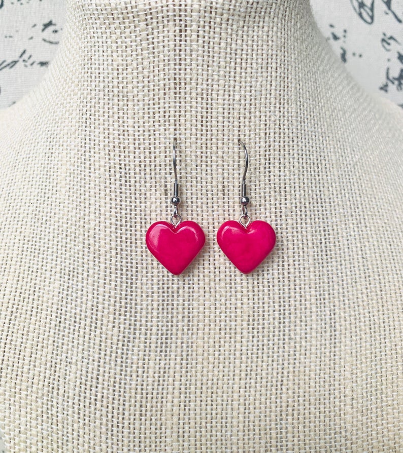 Hot Pink Heart Shaped Dangle Tagua Earrings - Galapagos Tagua Jewelry